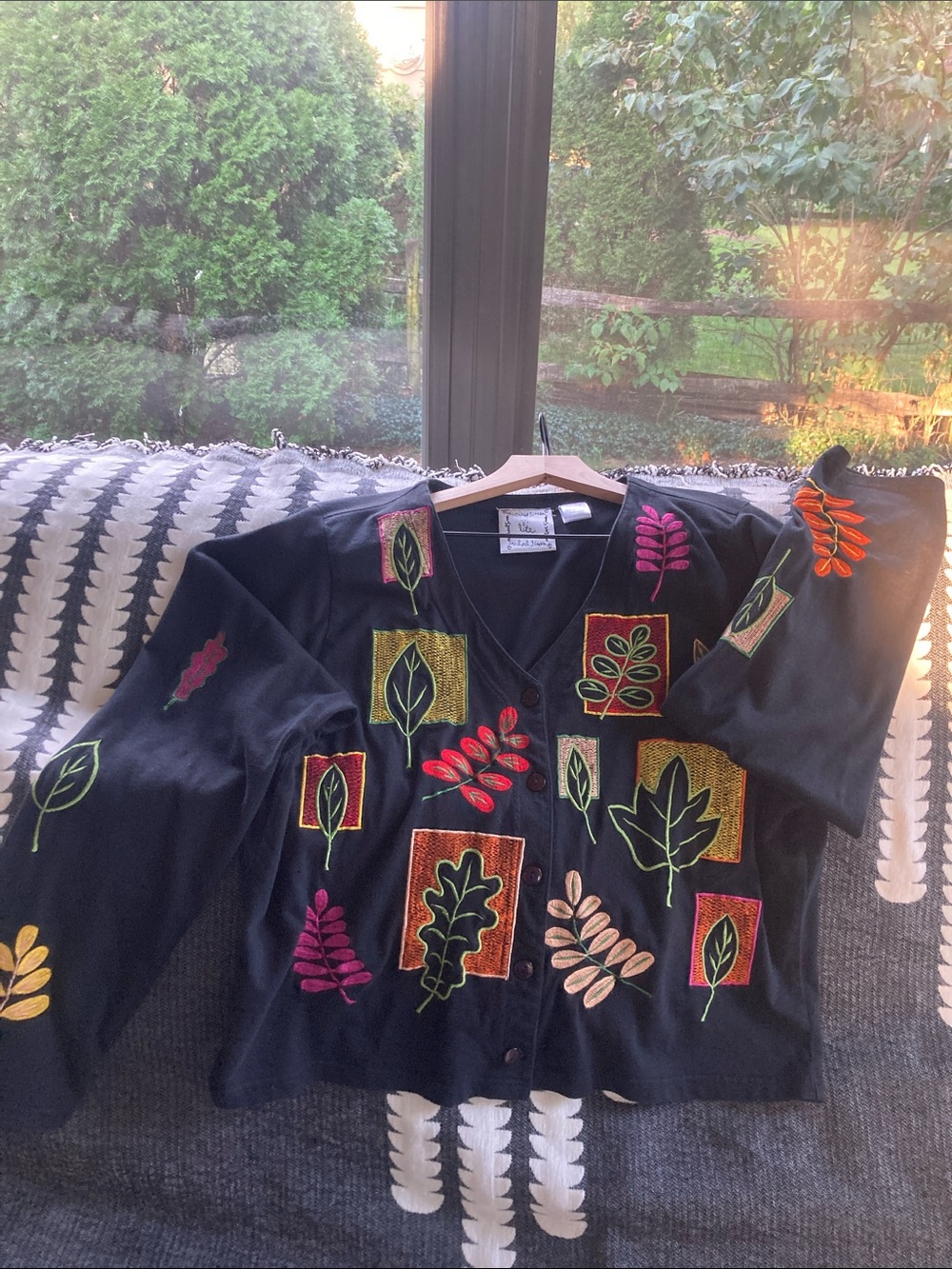 VTG Michael Simon Embroidered Leaves Button Down Sweater Cotton Autumn Fall XL